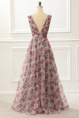 Party Dress With Sleeves, V-neck Floral A Line Prom Dress