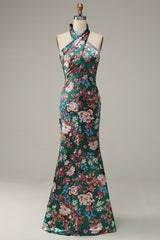 Prom Dress Silk, Flower Print Halter Satin Prom Dress