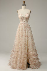 Prom Dresses Under 62, Apricot A Line Print Prom Dress with Slit