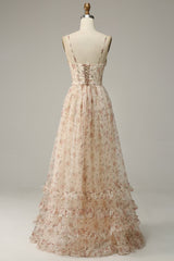 Prom Dress 2035, Apricot A Line Print Prom Dress with Slit
