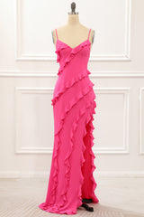 Evening Dress Lace, Hot Pink Satin Ruffles Prom Dress with Slit