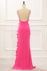 Evening Dress Short, Hot Pink Satin Ruffles Prom Dress with Slit