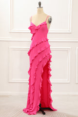 Evening Dresses Open Back, Hot Pink Satin Ruffles Prom Dress with Slit