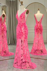 Maxi Dress, Sparkly Fuchsia Mermaid V Neck Long Prom Dress With Sequined Appliques