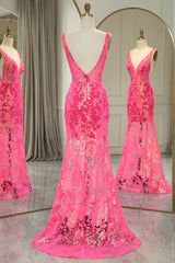 Gold Prom Dress, Sparkly Fuchsia Mermaid V Neck Long Prom Dress With Sequined Appliques