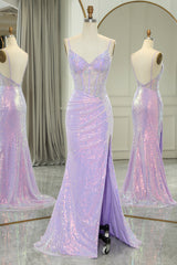 Prom Dress Long Sleeve Ball Gown, Sparkly Lilac Spaghetti Straps Mermaid Long Backless Prom Dress With Split