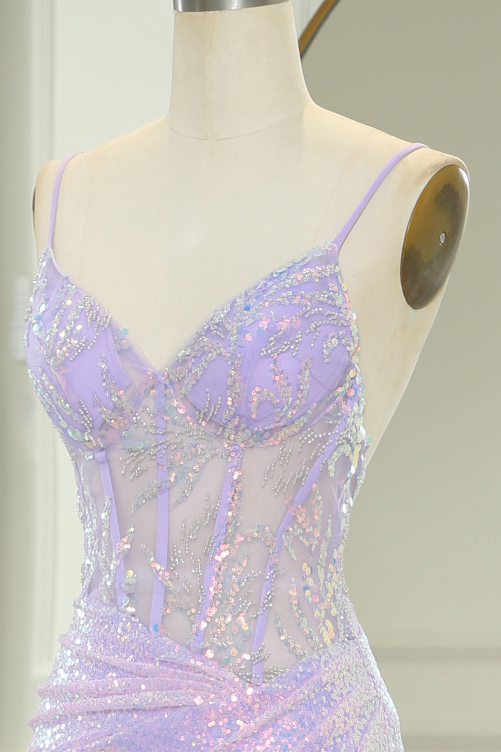 Party Dress Shop Near Me, Glitter Light Purple Mermaid Backless Long Corset Prom Dress With Slit