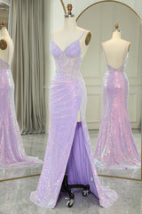 Party Dress Formal, Glitter Light Purple Mermaid Backless Long Corset Prom Dress With Slit