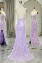 Prom Dresses For 24 Year Olds, Sparkly Lilac Spaghetti Straps Mermaid Long Backless Prom Dress With Split