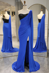 Bridesmaid Dresses Fall Colors, Royal Blue Mermaid One Shoulder Long Prom Dress With Shawl And Slit