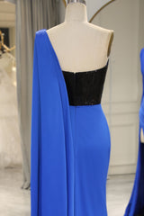 Bridesmaid Dress Fall Colors, Royal Blue Mermaid One Shoulder Long Prom Dress With Shawl And Slit