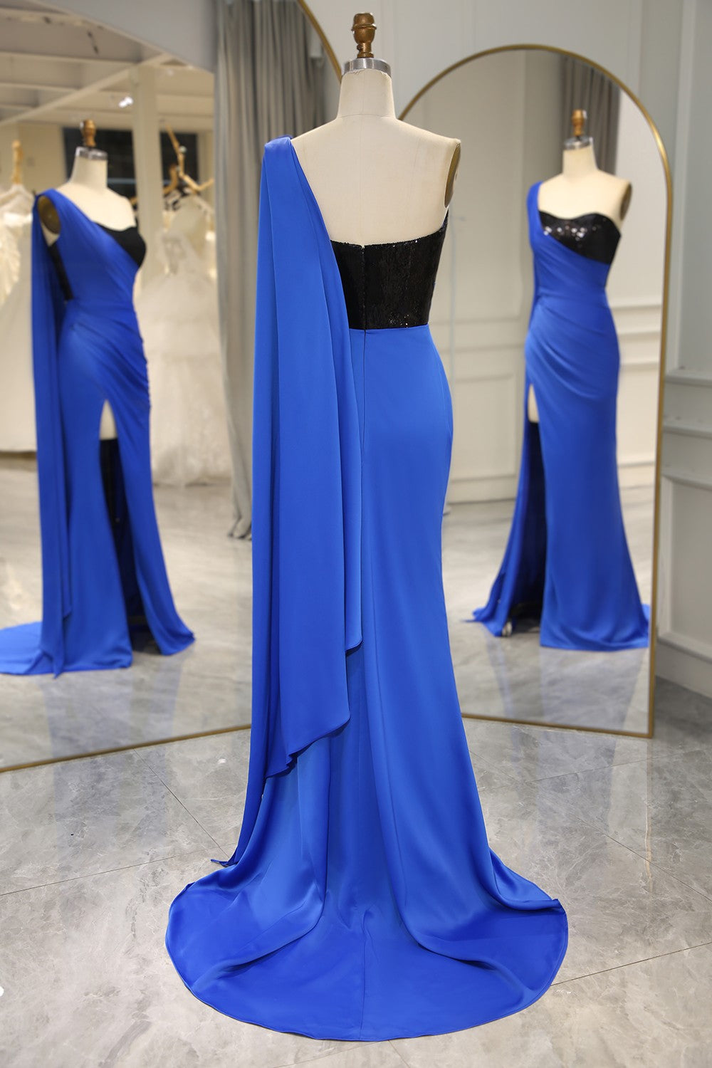 Bridesmaid Dresses Fall Color, Royal Blue Mermaid One Shoulder Long Prom Dress With Shawl And Slit