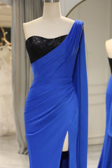 Bridesmaids Dresses Fall Colors, Royal Blue Mermaid One Shoulder Long Prom Dress With Shawl And Slit