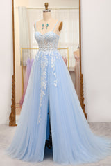 Bridesmaids Dress Color, Sky Blue Spaghetti Straps Zipper Back A-Line Prom Dress With Appliques