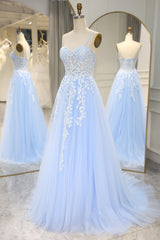 Bridesmaids Dresses Wedding, Sky Blue Spaghetti Straps Long Mermaid Prom Dress With Appliques