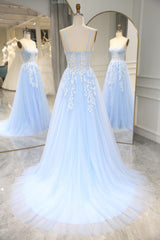 Bridesmaid Dress Wedding, Sky Blue Spaghetti Straps Long Mermaid Prom Dress With Appliques