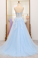 Bridesmaid Dresses Color, Sky Blue Spaghetti Straps Zipper Back A-Line Prom Dress With Appliques