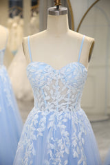 Bridesmaid Dresses Weddings, Sky Blue Spaghetti Straps Long Mermaid Prom Dress With Appliques