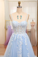 Bridesmaid Dresses Colorful, Sky Blue Spaghetti Straps Zipper Back A-Line Prom Dress With Appliques