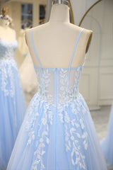 Bridesmaids Dress Inspiration, Sky Blue Spaghetti Straps Long Mermaid Prom Dress With Appliques