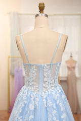 Bridesmaid Dresses Cheap, Sky Blue Spaghetti Straps Zipper Back A-Line Prom Dress With Appliques