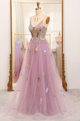 Bridesmaid Dresses, Mauve A Line Spaghetti Straps Tulle Long Prom Dress With Embroidery
