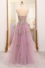 Bridesmaid Dress Convertible, Mauve A Line Spaghetti Straps Tulle Long Prom Dress With Embroidery