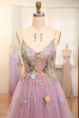 Bridesmaid Dresses Emerald Green, Mauve A Line Spaghetti Straps Tulle Long Prom Dress With Embroidery