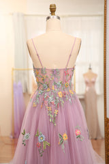 Bridesmaid Dress Dark Green, Mauve A Line Spaghetti Straps Tulle Long Prom Dress With Embroidery