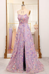 Wedding Invitations, Mauve A-Line Tulle Lace Up Long Prom Dress With Appliques And Split