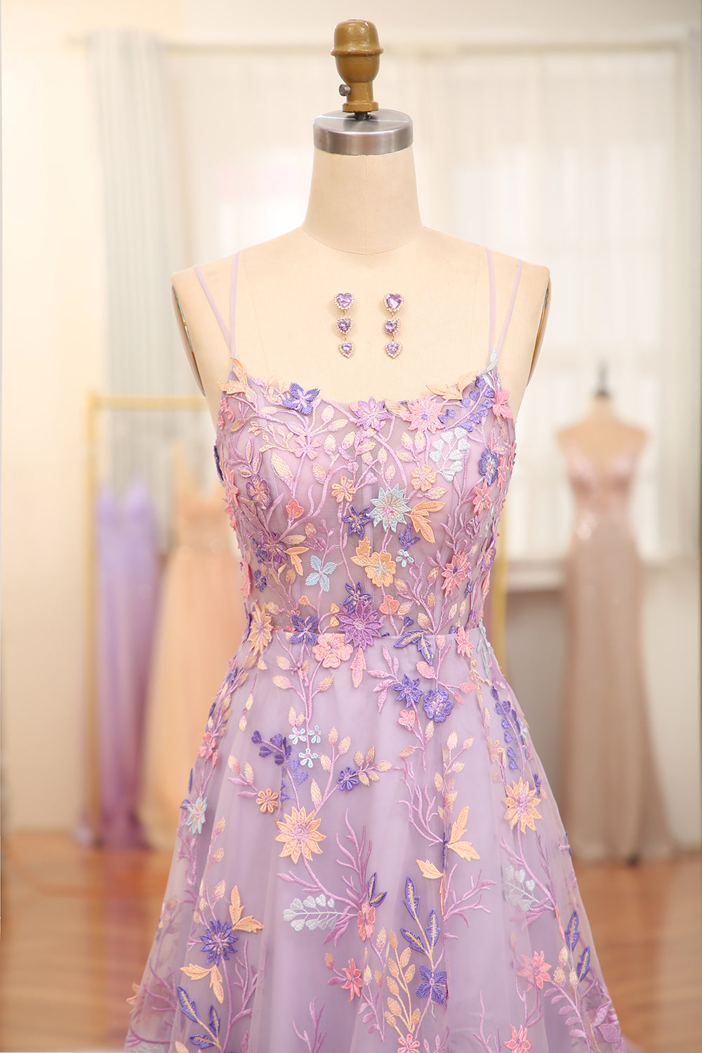 Bridesmaids Dresses Convertible, Mauve A-Line Tulle Lace Up Long Prom Dress With Appliques And Split