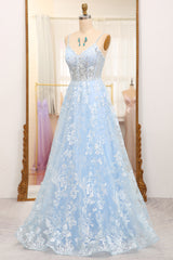 Bridesmaid Dresses Summer, Sky Blue A-Line Spaghetti Straps Tulle Long Prom Dress With Appliques