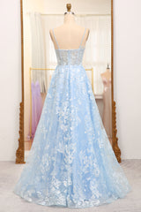 Bridesmaid Dresses With Sleeves, Sky Blue A-Line Spaghetti Straps Tulle Long Prom Dress With Appliques