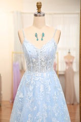 Bridesmaid Dresses Green, Sky Blue A-Line Spaghetti Straps Tulle Long Prom Dress With Appliques