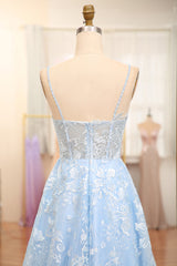 Bridesmaid Dresses 2036, Sky Blue A-Line Spaghetti Straps Tulle Long Prom Dress With Appliques