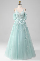 Bridesmaids Dresses Short, Mint A Line Tulle Off the Shoulder Lace Up Long Prom Dress With Appliques