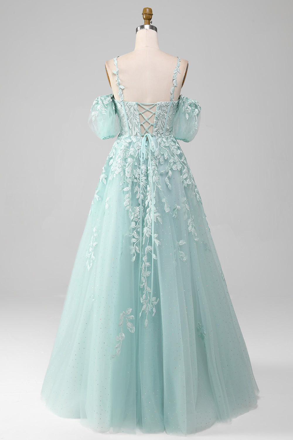 Bridesmaid Dress Short, Mint A Line Tulle Off the Shoulder Lace Up Long Prom Dress With Appliques