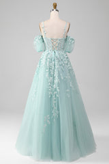 Bridesmaid Dress Short, Mint A Line Tulle Off the Shoulder Lace Up Long Prom Dress With Appliques