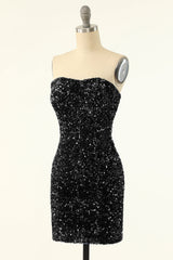 Prom Dresses Two Pieces, Black Sequins Bodycon Cocktail Dress