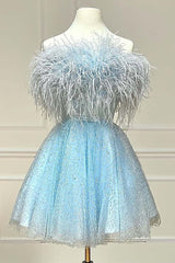 Party Dress Design, Light Blue A-Line Strapless Homecoming Dress with Feathers