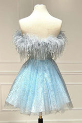 Party Dress Designs, Light Blue A-Line Strapless Homecoming Dress with Feathers