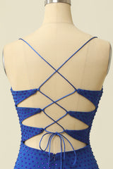 Party Dress Classy Elegant, Royal Blue Spaghetti Straps Homecoming Dress With Fringes