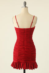 Party Dress A Line, Red Spaghetti Straps Mini Homecoming Dress With Ruffles