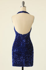 Party Dress In Store, Royal Blue Sequined Halter Neck Cocktail Dress
