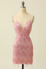Party Dresses Website, Pink Spaghetti Straps Bodycon Homecoming Dress With Feathers