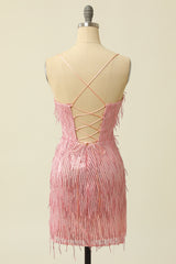 Party Dresses Websites, Pink Spaghetti Straps Bodycon Homecoming Dress With Feathers