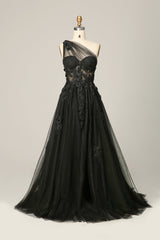 Prom Dress Outfit, A Line One Shoulder Black Long Prom Dress with Appliques