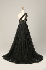 Prom Dress With Long Sleeves, A Line One Shoulder Black Long Prom Dress with Appliques