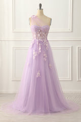Bridesmaid Dresses Mismatched Spring, One Shoulder A-line Tulle Lavender Prom Dress with Appliques