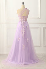 Bridesmaid Dress Sleeveless, One Shoulder A-line Tulle Lavender Prom Dress with Appliques